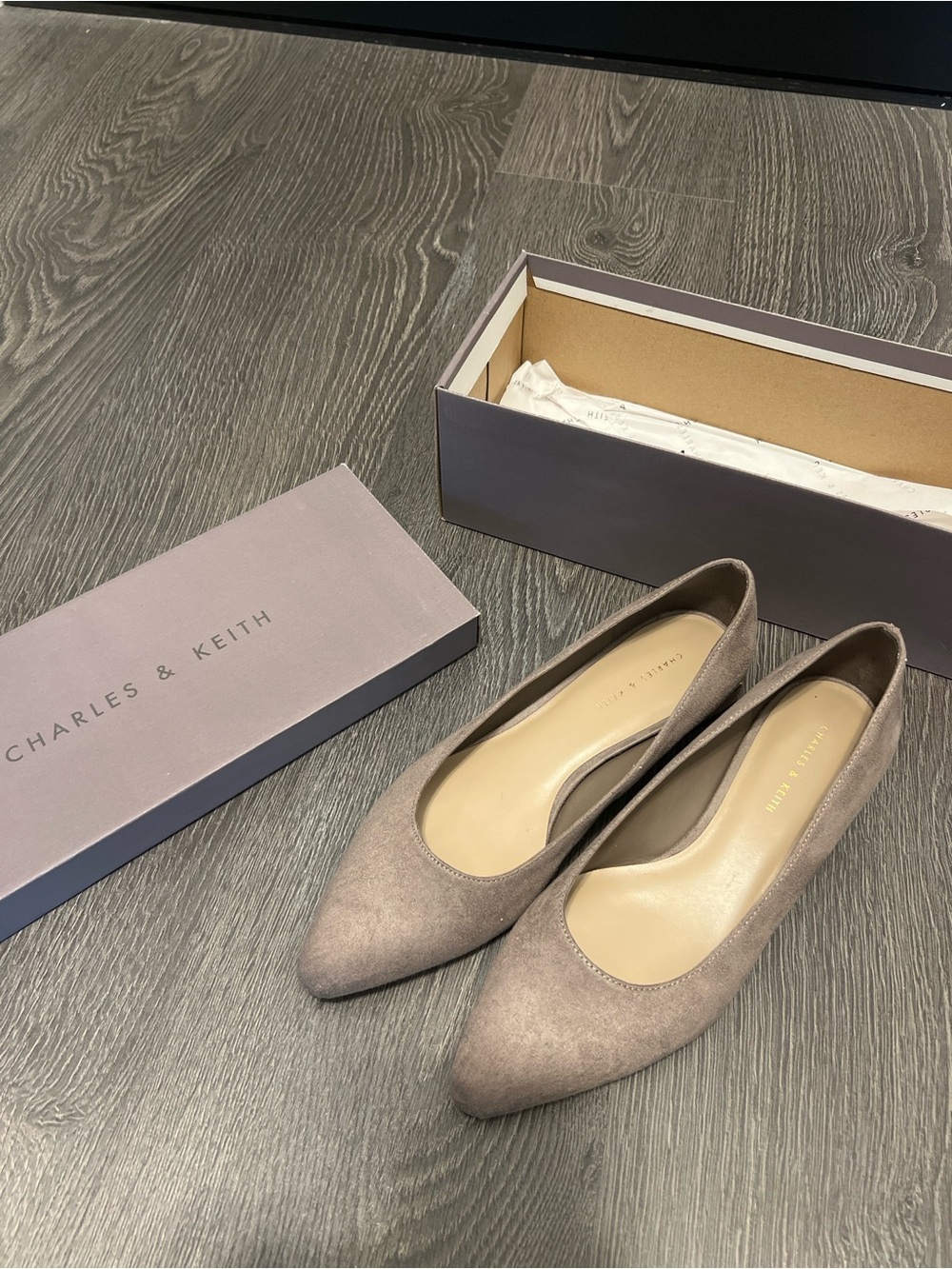 Calvin Klein Taupe Suede Pointed-Toe Flats
